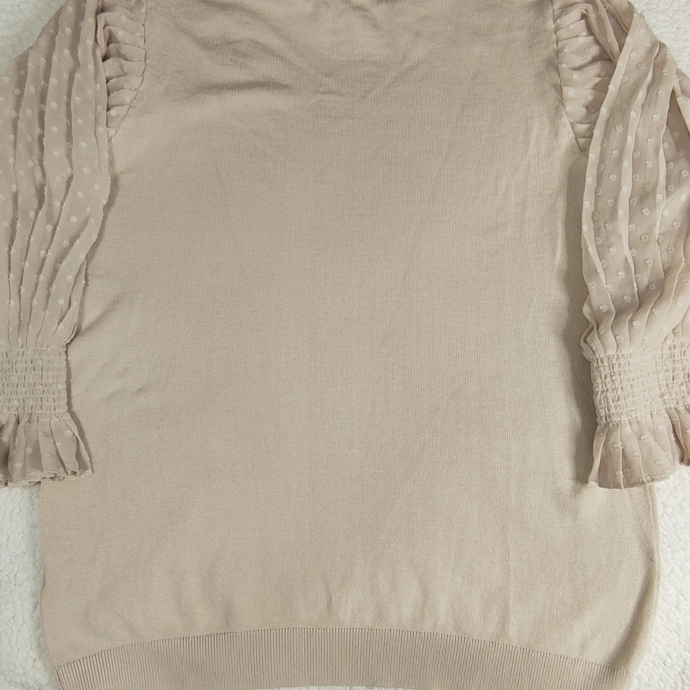 Adrianna Papell Blush Sweater, Ruffle Neck, Sheer Sleeves Smocked Wrists, Size M